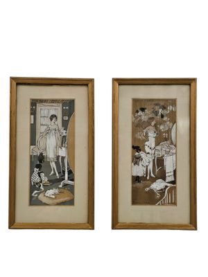 two framed pictures of a woman and a child in a kitchen