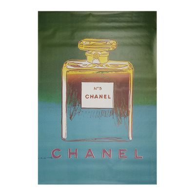 a painting of a bottle of chanel perfume on a green background