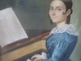 painting of a woman in a blue dress playing a piano