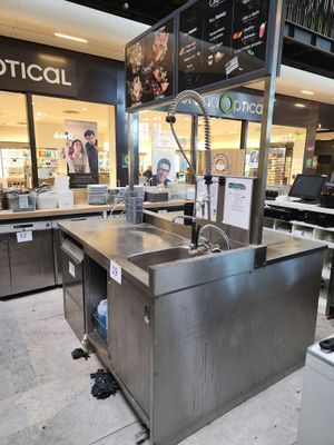 un grand évier en inox au milieu d'un magasin