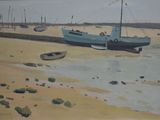 a painting of a boat on the beach with other boats in the water