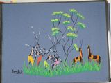 a painting of a group of giraffes in a field