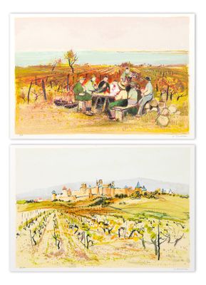 deux tableaux représentant des personnes assises à une table dans un vignoble