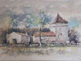une aquarelle représentant un bâtiment dans un champ