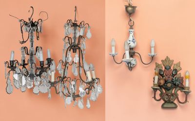 two pictures of a chandelier hanging on the wall