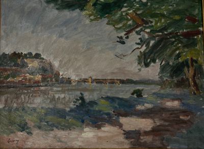une peinture à l'huile représentant une scène fluviale avec un pont au loin