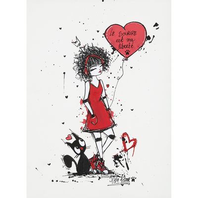 un dessin en noir et blanc représentant une fillette en robe rouge tenant un ballon en forme de cœur
