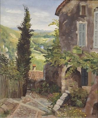 une peinture à l'huile représentant une maison avec des volets aux fenêtres