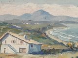 an oil painting of a house on a hill overlooking the ocean