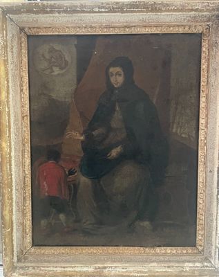 an old painting of a woman and child sitting on a bench