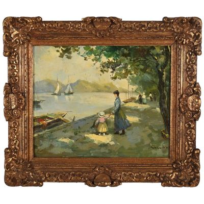 a painting of a woman sitting on a beach next to a boat