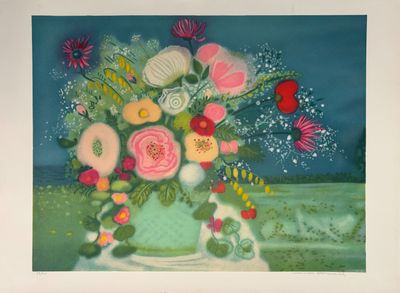 une peinture de fleurs dans un vase sur une table