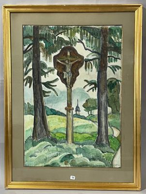 painting of a cross on a pole in a forest with trees