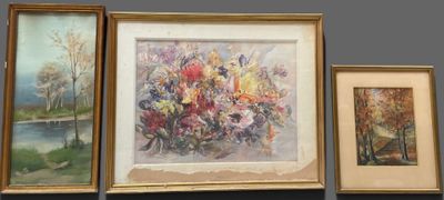 three framed paintings of flowers and trees on a wall