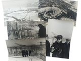 several old black and white photos of people standing on a bridge