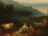 painting of a painting of a woman sitting on a hill next to a cow
