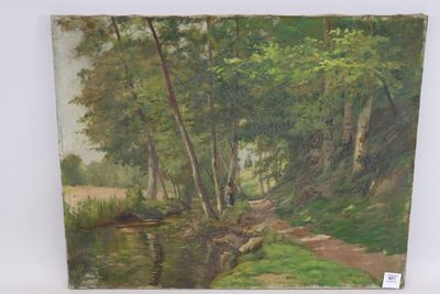 an oil painting of a stream in a wooded area with trees