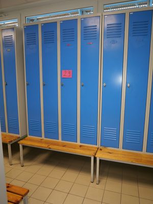 blue lockers are lined up in a row in a public bathroom