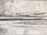 dessin représentant un paysage avec une rivière et des nuages au loin