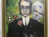 peinture d'un homme en costume-cravate avec une fleur à la main
