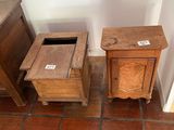 two wooden tables sitting next to each other on a tiled floor