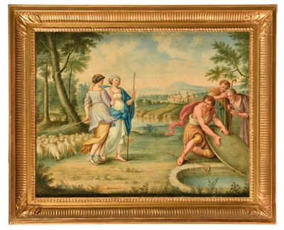 une peinture à l'huile sur toile représentant une scène biblique avec un berger et des moutons