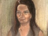 painting of a woman with long hair and a gray shirt