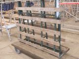 a wooden pallet that is sitting in a warehouse