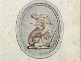 un dessin représentant un homme et un chien dans un cadre ovale