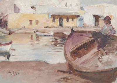 un tableau représentant un homme assis sur un bateau à l'eau