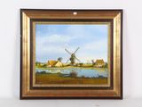 tableau représentant un moulin à vent dans un champ, avec un plan d'eau au premier plan