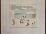 aquarelle encadrée représentant des personnes sur une plage avec un chien