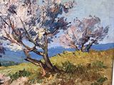 a picture of a painting of a tree in a field