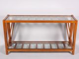 an image of a wooden and glass console table on a white background