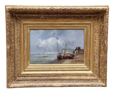 une peinture à l'huile représentant des bateaux sur la plage, au bord de l'eau