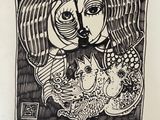 an image of a drawing of a woman holding a cat