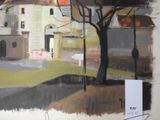 a picture of a painting of a house and a tree