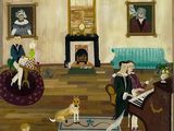 un tableau représentant une famille dans un salon avec un chien