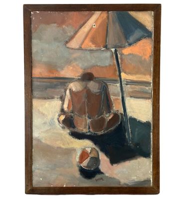an oil painting of a person sitting under an umbrella on the beach