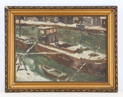 une peinture à l'huile représentant un bateau sur une rivière, avec un quai