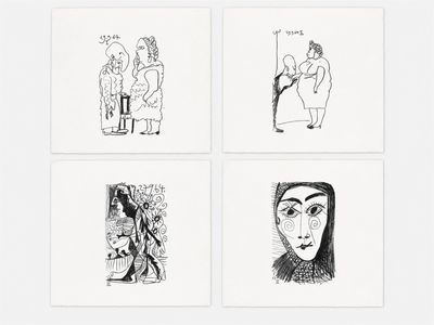 quatre dessins en noir et blanc représentant des personnes sur fond blanc