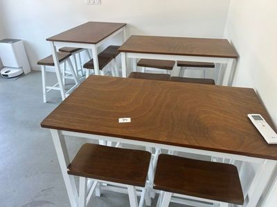 des tables et des tabourets dans une pièce, sur lesquels est posé une télécommande