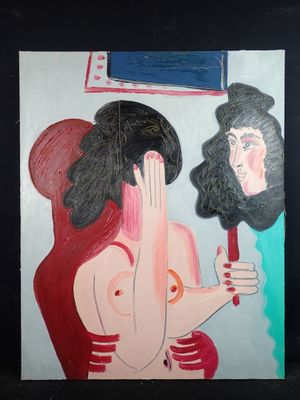 a painting of a woman holding a mirror in front of her face