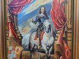 painting of a painting of a man riding a horse in front of a red curtain