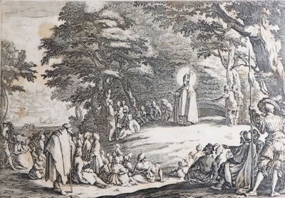 drawing of a group of people in a wooded area with a man standing in the middle of the picture