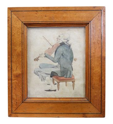 an old painting of a man sitting on a chair playing a violin