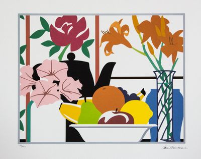 une image représentant un tableau de fleurs et de fruits dans un vase