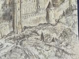 a drawing of a castle on the side of a hill