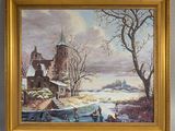 an oil painting of a winter scene with a church in the background