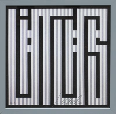 a black and white painting with a black and white stripe pattern